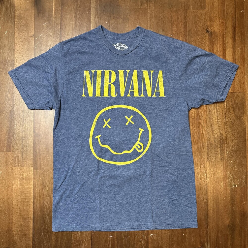 Nirvana Shirt Mens Medium Blue Smiley Face Graphic Band Rock Grunge 2014 Tee